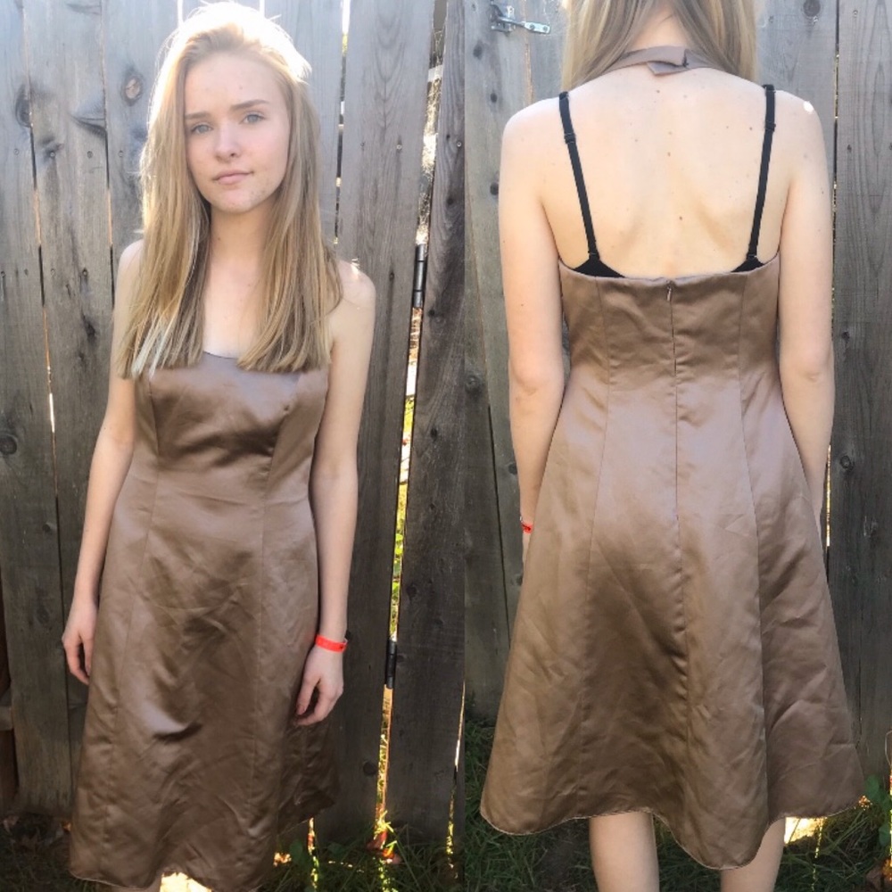 David’s Bridal Silky Chocolate Brown Halter Dress